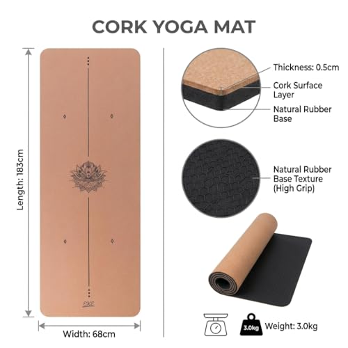 EKE Cork Yoga Mat with body Lines-Non-Slip Sweatproof Surface-100% Recycleable Materials-Eco Friendly-Ideal for Hot Yoga