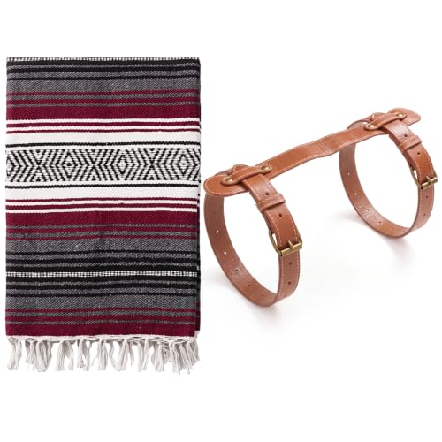 Mexican Indian Blanket Outdoor Mexican Throw Baja Saddle Blanket for Yoga, Beach, Camping, Picnic, Car Truck with Outdoor Portable and Genuine Leather Carry Strap