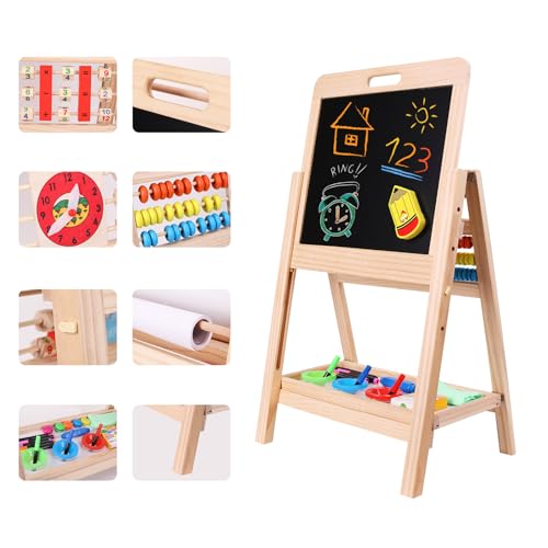 QZMTOY Kids Art Easel, Deluxe Standing Easel Set, Adjustable Art Table, Dry Erase Board & Chalkboard Double Sided Stand, 360 Rotating Drawing Easels with Art Supplies, Adjust Height 28-39in