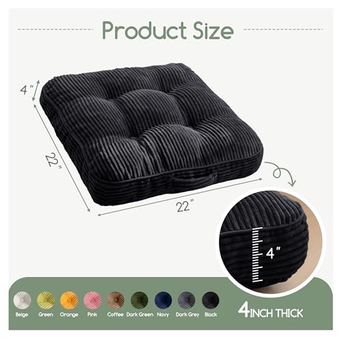 HIGOGOGO Floor Pillow Cushion for Adults, Meditation Cushion Pillow, Large Square Floor Sitting, Tufted Corduroy Cover, for Tatami Living Room or Yoga, 22x22 Inch, Black - color: Square Black, size: 4" Thick(Pack of 1)