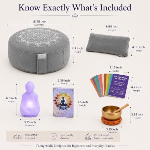 Meditation Cushion Set with Buckwheat Zafu Pillow, Meditation Starter Kit | Meditation Starter Kit with Buckwheat Zafu Cushion, Breathing Light, Singing Bowl & Eye Pillow for Mindfulness