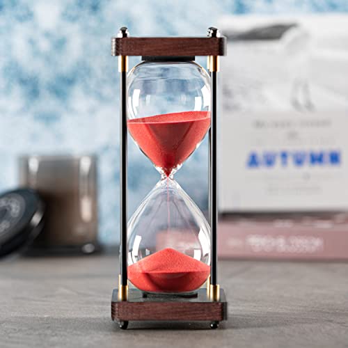 SAMLONG Large Hourglass Timer 60 Minute, Decorative Wood Sand Timer, Red | 1 Hour Metal Sand Clock, Modern Office Home Décor - color: Red Sand