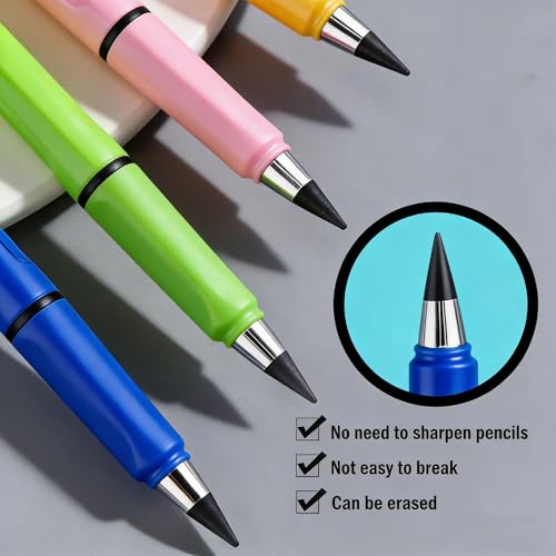 6 Sets Everlasting Pencil, Infinity Pencils, NO-Sharpening Pen for Writing Drawing Students Sustainable Pencil for Home Office School (6 Pencils + 6 Erasers + 8 Replaceable Nibs) - color: Classic