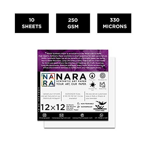 NARA Alcohol Ink Paper | White | 12 inches x 12 inches (12”x12”) | 330 microns/250 GSM | Medium+ Paper | 10 Sheets | Paper for Alcohol Ink Art Painting | 100% Stain-Free - color: White_Square_Paper Sheets_05