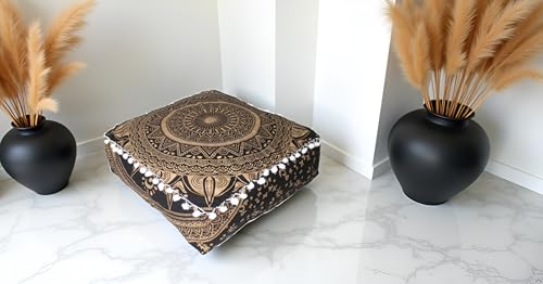INDIAN CRAFT CASTLE ICC Mandala Barmeri Large Floor Pillow Cover Cushion Meditation Seating Ottoman Throw Cover Hippie Decorative Zipped Bohemian Pouf Ottoman Cases Black Gold 16" Square - color: Black Gold, size: 16"D x 16"W x 5"H