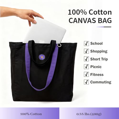 Commuter Tote Bag for Women, Black Canvas Shopping Tote, 27L Everyday Work Bag with Zip Top, 2 Outer Pockets, Short Handles, Inner Zipper Pocket, Utility Carryall for Laptop, Lunch and Grocery Runs