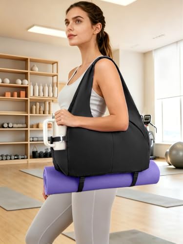 RHDZO Gym Bag for Women with Shoe and Wet Compartments, Yoga Mat Holder | Travel Duffel Bag with Water Bottle Holder, Weekend Overnight Bag for Workout Sport Dance Pilate, Detachable Shoulder Strap - color: Black-Upgraded