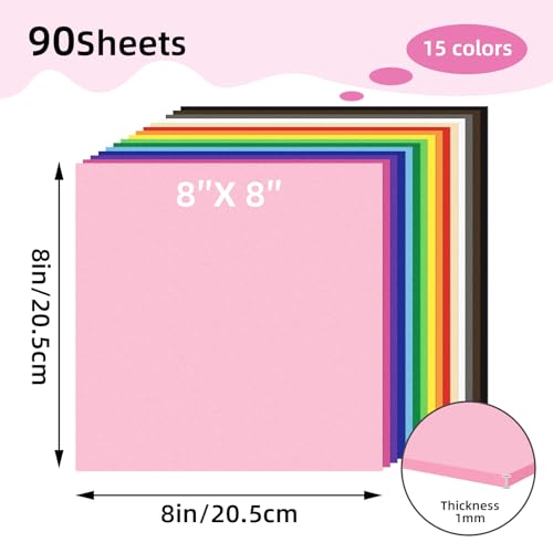 Foam Sheets 90 Pack, 8 x 8 Inch, 15 Assorted Colors, 1mm Thick EVA Foam Paper for DIY Crafts, Scrapbooking & Party Decorations - color: 90 PACK-1MM-8x8IN