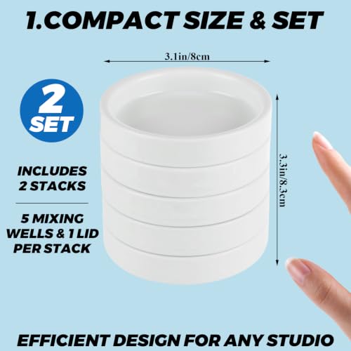 2 Pcs Ceramic Watercolor Palette, 5-Layer Ceramic Paint Palette, White 3.35 x 3.35 x 3.94 Inch Color Mixing Set for Watercolor, Gouache, Acrylic and Craft Painting