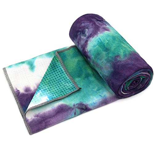 Eunzel Yoga Towel,Hot Yoga Mat Towel with Grip Dots Sweat Absorbent Non-Slip for Hot Yoga, Pilates and Workout 24" x72", Green & Purple - color: Green & Purple, size: 72" x 24"
