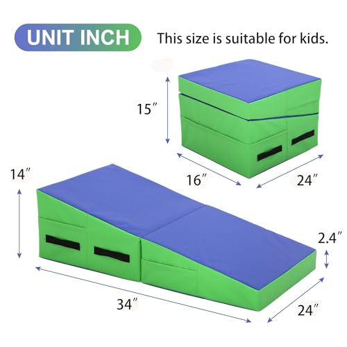 BLKMTY Incline Gymnastics Mat for Kids, 34"x24" Folding Tumbling Cheese Wedge Mats Kids Indoor Exercise Yoga Mat for Gymnastics Home Gym Mats W/Non-Slip PVC Surface and Handle - color: Blue & Green