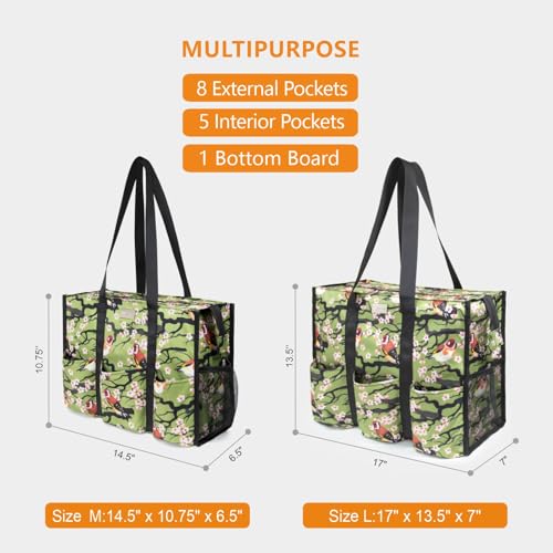 TOPDesign Utility Water Resistant Tote Bag with 13 Pockets, Zipper Closure - color: Bird, size: Medium