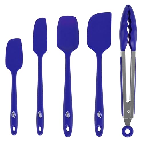 Kaluns Silicone Spatula Set, 4 Rubber Spatulas 600°F Heat Resistant, Nonstick Seamless Design with Stainless Steel Core, Dishwasher Safe, BPA free, Bonus Tongs Included - color: 4 Pcs + Tongs Blue