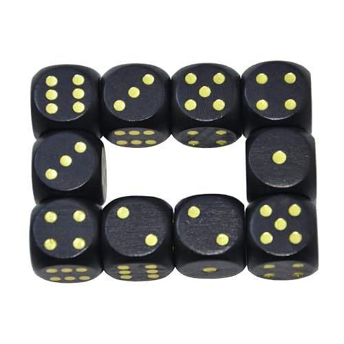 Set of 10 16MM Six Sided D6 Round Wooden Dice Set (Black) - color: Black