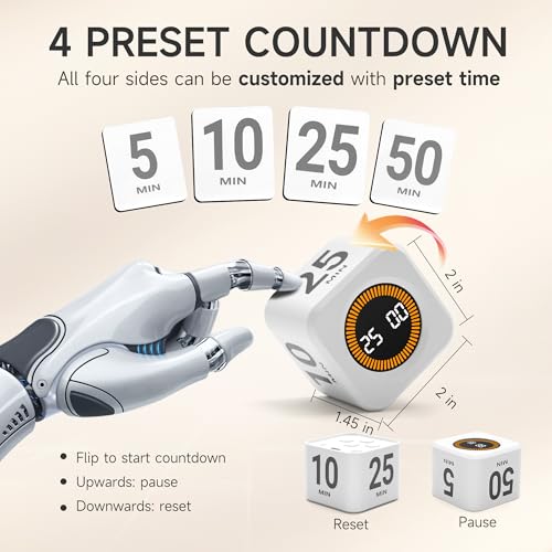 Rotating Productivity Timer, 5, 25, 10, 50 Minute Presets, Desk Cube | Gravity sensor with mute function; ADHD-friendly for work, study, kitchen and back to school - color: White