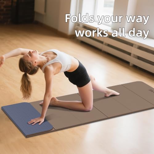 LVME Foldable Yoga Mat, 71"x24"x1/3" Thick(8mm), Non Slip Exercise Mat - color: Champagne + Grape