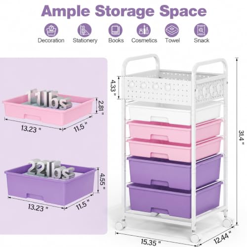 5 Drawer Rolling Storage Cart with Pegboard Top and Hooks, Dreamy Color | Mobile Organizer Cart with Wheels for Office Supplies, Craft Storage, Classroom Organization, Home Utility Cart - color: Dreamy Color, size: 5-Drawers