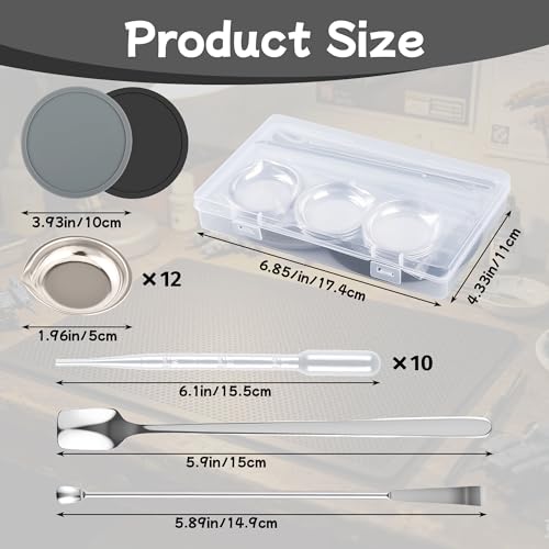 Professional Model Hobby Paint Mixing Palette Set – 12 Stainless Steel Paint Trays, 10pcs 3ml Pipette Eyedroppers, 2 Silicone Mats & Metal Paint Stirrers for Airbrush Kits, DIY Art & Hobby Painting