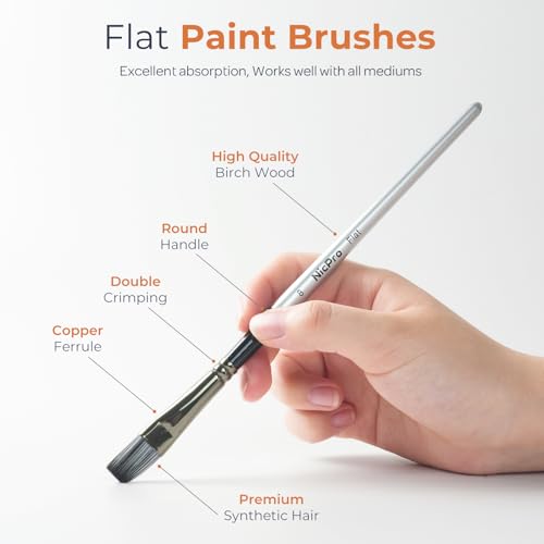 Nicpro 10 PCS Flat Paint Brush Set, Art Painting Brushes for Acrylic, Watercolor, Oil, Gouache, Craft, Detail, Face Body Painting, Base Coating, Artist Paintbrush Kit for Kid & Adult - size: Flat