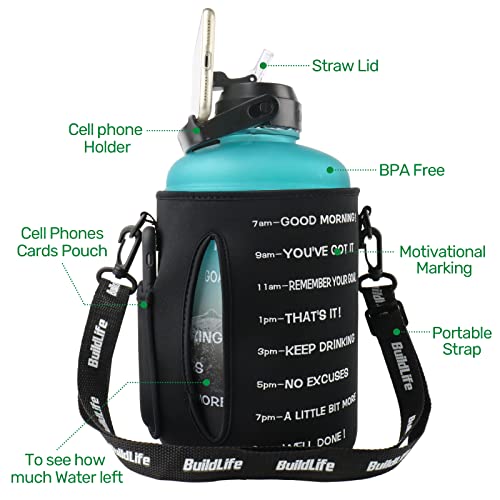 QuiFit 1 Gallon Water Bottle - with Straw & Motivational Time Marker Leak-Proof BPA Free Reusable Gym Sports Outdoor Large(128OZ/73OZ) Capacity Water Jug - color: QFC1 GreenD-Black with Sleeve, size: 128 Ounces