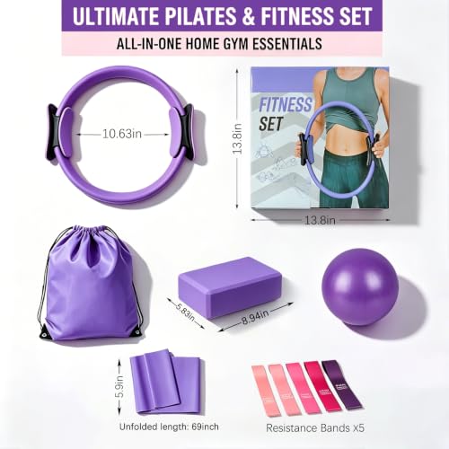 Pilates Kit, Home Workout Equipment for Women | Pilates Ring and Ball, Resistance Bands, Yoga Block, Elastic Band, Fitness Bag for Home Workouts - color: Purple
