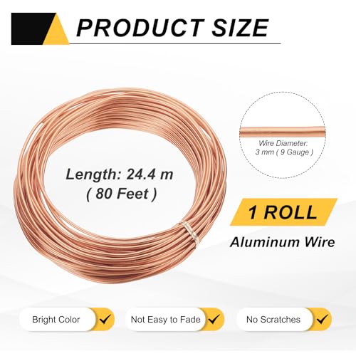 MECCANIXITY 9 Gauge 3mm Aluminum Wire, 80 Feet Bendable Metal Craft Armature Wire for Jewelry Making DIY Beading Floral Wreath Wrapping Sculpting, Rose Gold - color: Rose Gold, size: 9 Gauge x 80Ft