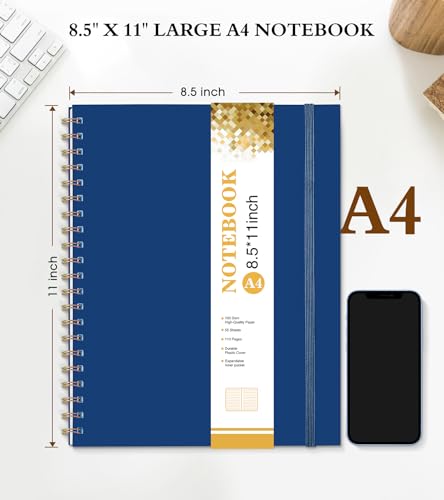 Spiral Notebook Journal 8.5” x 11”, A4 Large Notebooks for Women Men, College Ruled Lined Journal, 100 GSM Paper, Plastic Hardcover Spiral Bound Journals for Work School Note Taking Business, Navy - color: Navy, size: Line