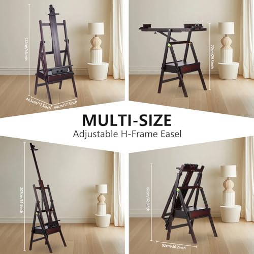 Beech Wood H-Frame Painting Easel with Storage Drawer, Walnut | Heavy-duty Studio Easel, Adjustable Height & Angle Floor Easel Stand, Holds 30"-48" Canvas, Foldable Artist Easel for Adults - color: Walnut