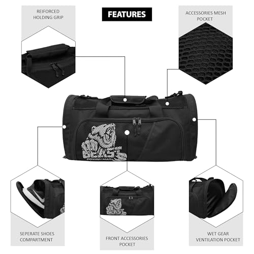 Beast Power Gear Gym Duffle Bag - Workout, Boxing, MMA, Sports Bag with Shoes Compartment and Adjustable Shoulder Strap for Men and Women (Black/White) - color: Black/White