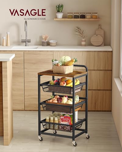 VASAGLE Storage Rolling Cart with Pull-Out Baskets, 4-Tier Utility Cart Orgnizer with Wheels for Laundry Room, Kitchen, Handle, 12.5 x 15.8 x 29.9 Inches, Rustic Brown and Ink Black ULRC040K01 - color: Rustic Brown + Ink Black, size: 4 Tiers