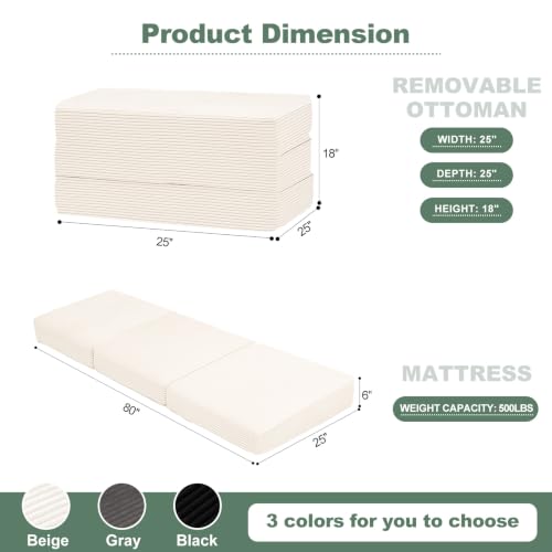 6 Inch Tri Fold Memory Foam Mattress Single Size, Foldable Futon Mattress Topper with Removable Washable Cover, Portable Floor Sofa Bed Guest Mat with Carry Handles & Non-Slip Bottom for Camping - color: Beige, size: SINGLE