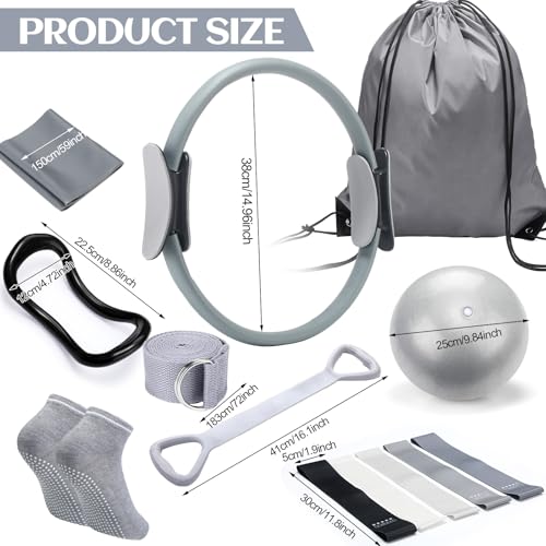 RoundFunny Pilates Ring Circle Set 18 Pcs Exercise Equipment Accessories for Women Workouts Pilates Ball Stretching Strap Magic Circle Yoga Ring Gym Back Bag Resistance Band Anti Slip Socks - color: Grey