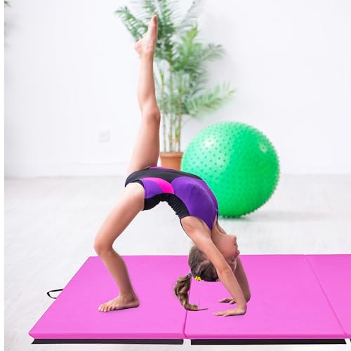 BalanceFrom 10x4 Feet 4-Panel Folding Gymnastics Mat – 2-Inch Thick Pad with Vinyl Surface and Carrying Handles for Tumbling, Yoga, Pilates, Home Workouts, and Martial Arts - color: Pink