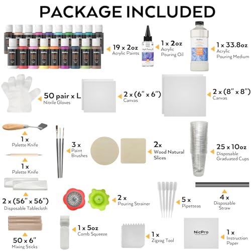 Nicpro Acrylic Pouring Kit, Artist Starter Supplies Including 19 Colors | Acrylic Paints,Pouring Medium, Silicone Oil, Canvases, Gloves, Strainers, Mixing Stick, Instructions for Flow DIY Painting