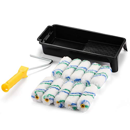 NANJA 4" Paint Roller Tray Set Mini Tray,Frame10 Premium Covers for Edges | Black mini paint tray, sturdy frame, 10 premium roller naps. For house painting edges, walls, trim, cabinets.