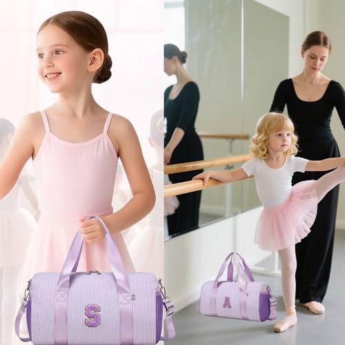 Dance Bag for Girls 4-6, Personalized Initial Dance Bag,Small Gym Sport Yoga Dance Bags Gift for Girls,Letter Kid Weekender Ballet Bags,Toddler Travel Duffle Tote with Adjustable Straps(Purple-s) - color: Purple, style: S