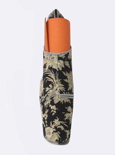 INDIAN CRAFT CASTLE Yoga Mat Bag | Tote Mat Bag | Sling Yoga Tote w/Large Side Pocket & Zipper Pocket | Yoga Mat Carrier Fits Most Size Mats - color: Black and cream