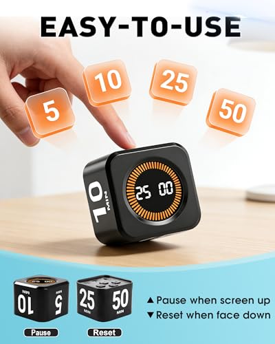 Pomodoro Timer Cube for Productivity — 5/25/10/50 Minutes Preset, Digital Gravity Sensor Desk Visual Timer for ADHD, Silent Mode, Ideal for Office, Study, Kitchen & Kids - color: Black