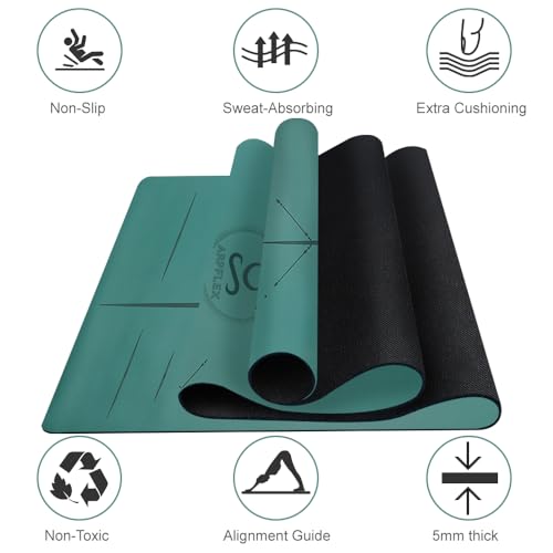 Natural Rubber Yoga Mat - Non Slip Non Toxic - 5mm Thick Yoga Mat for Hot Yoga/Pilates - Extra Large 26.8’’ with Alignment Guide - Sweat Proof - with Carrying Bag - color: Forest Green