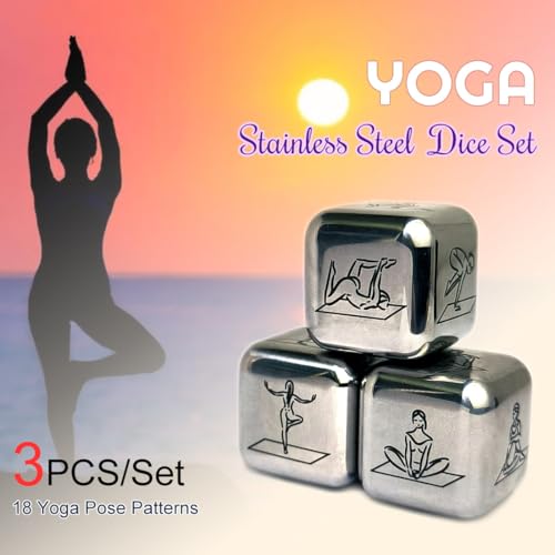 Metal Yoga Dice Set, 3Pcs Laser Engraved Yoga Pose Pattern Stainless Steel Rolling Dices with Velvet Bag for Women Yogis