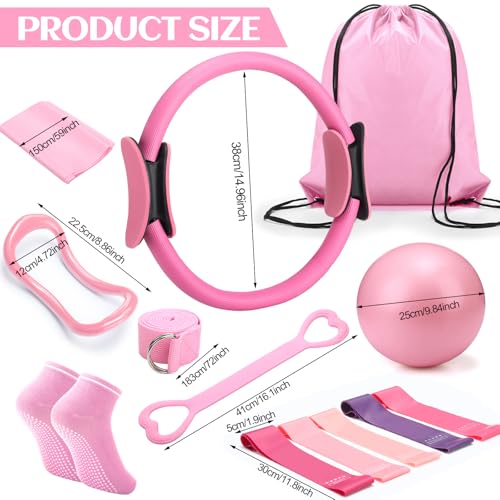 RoundFunny Pilates Ring Circle Set 18 Pcs Exercise Equipment Accessories for Women Workouts Pilates Ball Stretching Strap Magic Circle Yoga Ring Gym Back Bag Resistance Band Anti Slip Socks - color: Pink