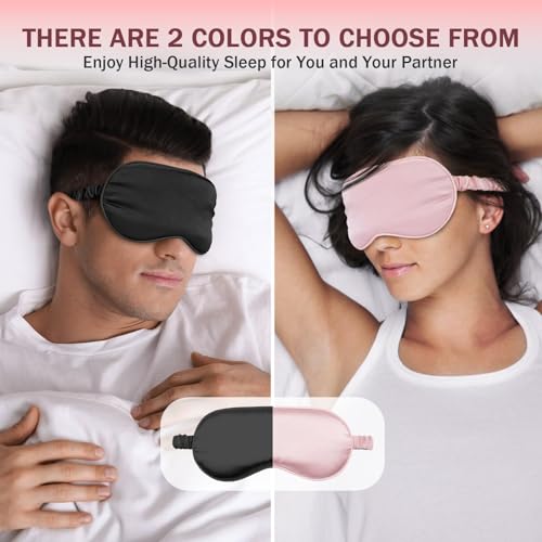 IEKEODI 2 Pack Silk Sleep Masks, Light Blocking Eye Masks, Black & Pink | Silky Soft Feel, Light Blocking Design, Gentle Elastic Fit, Breathable Comfort for Sleep, Travel and Naps - color: Black+pink