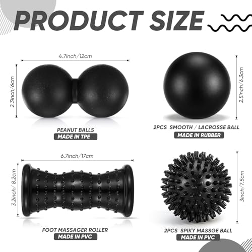 Lewtemi 6 Pack Massage Ball & Foot Roller with Spiky Lacrosse Peanut Massage Roller for Muscle Foot Arch Pain Deep Tissue Relieve Plantar Fasciitis