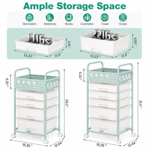 5 Drawer Rolling Storage Cart with Pegboard Top and Hooks, Green | Mobile Utility Organizer with Wheels for Office Supplies, Craft Storage, Classroom Organization, Home Storage Cart - color: Green, size: 5-Drawers