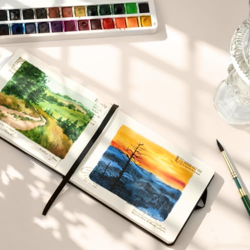 SEAMIART Watercolor Sketchbook Journal 3.5"x5.5" Travel Notebook 24 Sheets | 140 LB 300 GSM, Cold Press, Watercolor Paper Pad, Mixed Media Painting, PU Leather Cover, Acid Free, for Adults & Artists