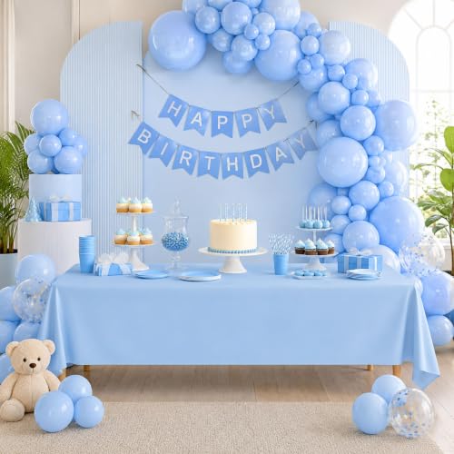 Blue Orchards Light Blue Plastic Table Cover (Pack of 3 with 20 Glue dots) - 54" x 108" - Waterproof & Disposable Tablecloth Sky Blue Party Decoration for Baby Shower, Birhday Party Supplies, Wedding - color: Light Blue (Pack of 3)