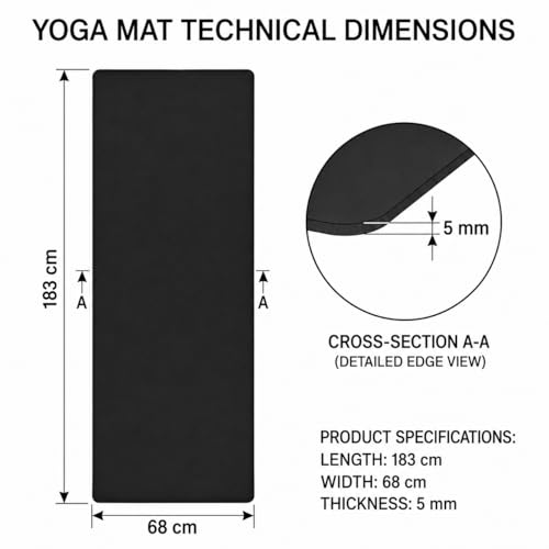 Grip Yoga Mat 5mm Non-Slip PU Natural Rubber Surface, Premium Fitness Mat for Hot Yoga, Pilates, for Women and Men - color: Black