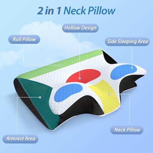 HOMCA Memory Foam Cervical Pillow, 2 in 1 Ergonomic Contour Orthopedic Pillow for Neck Pain, Contoured Support Pillows for Side Back Stomach Sleepers - color: Black