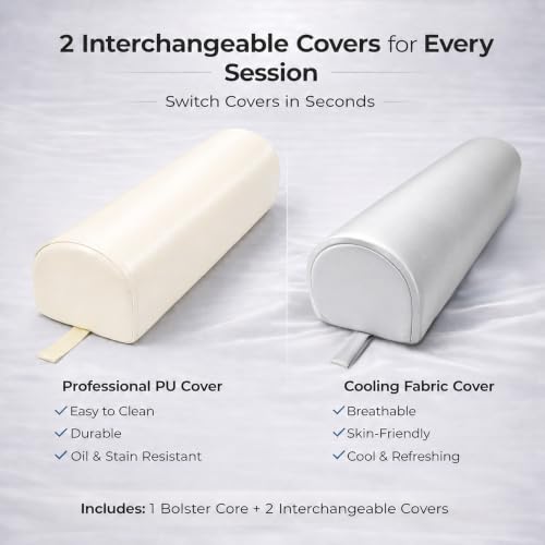 Dual-Cover Massage Table Bolster Pillow, 3/4 Round, Light Beige