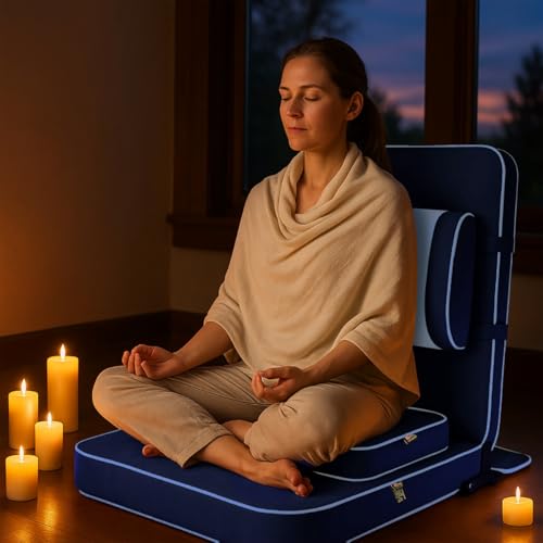 Friends Of Meditation Extra Large Meditation Chair | Floor Chair with Back Support | Yoga Chairs for Adults | Portable Folding Chair | Yoga Chair with Cushion & Meditation Block | Navy Blue | 24x22 in - color: Navy Blue